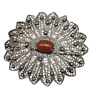 Antique Sterling Carnelian Filigree Brooch Large Oval Starburst Cabachon Gem